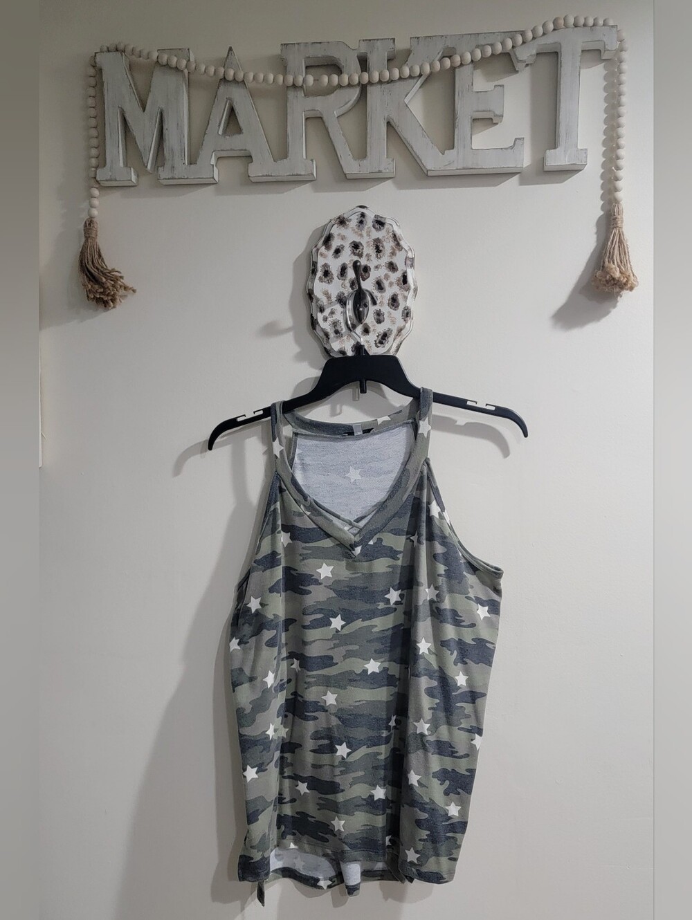 white birch Olive Camo Star V-Neck Racerback Tank